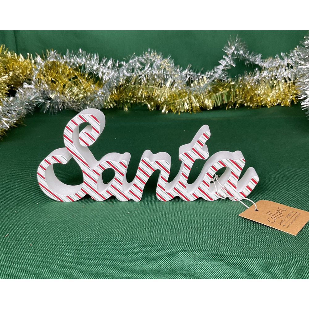 Rustic "Santa" Candy Cane Striped Script Wood Shelf Sitter Holiday Sign